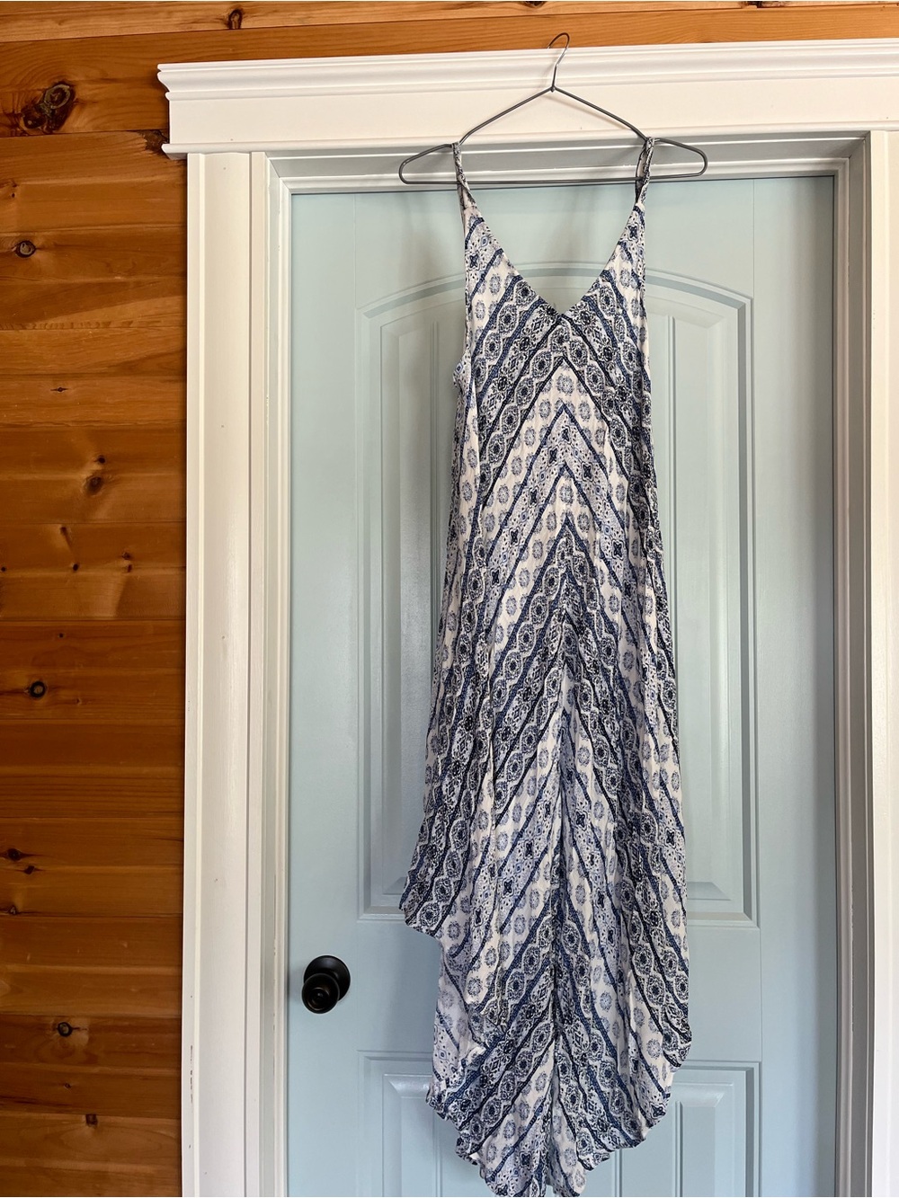 Navy and White Printed V-Neck Maxi Dress